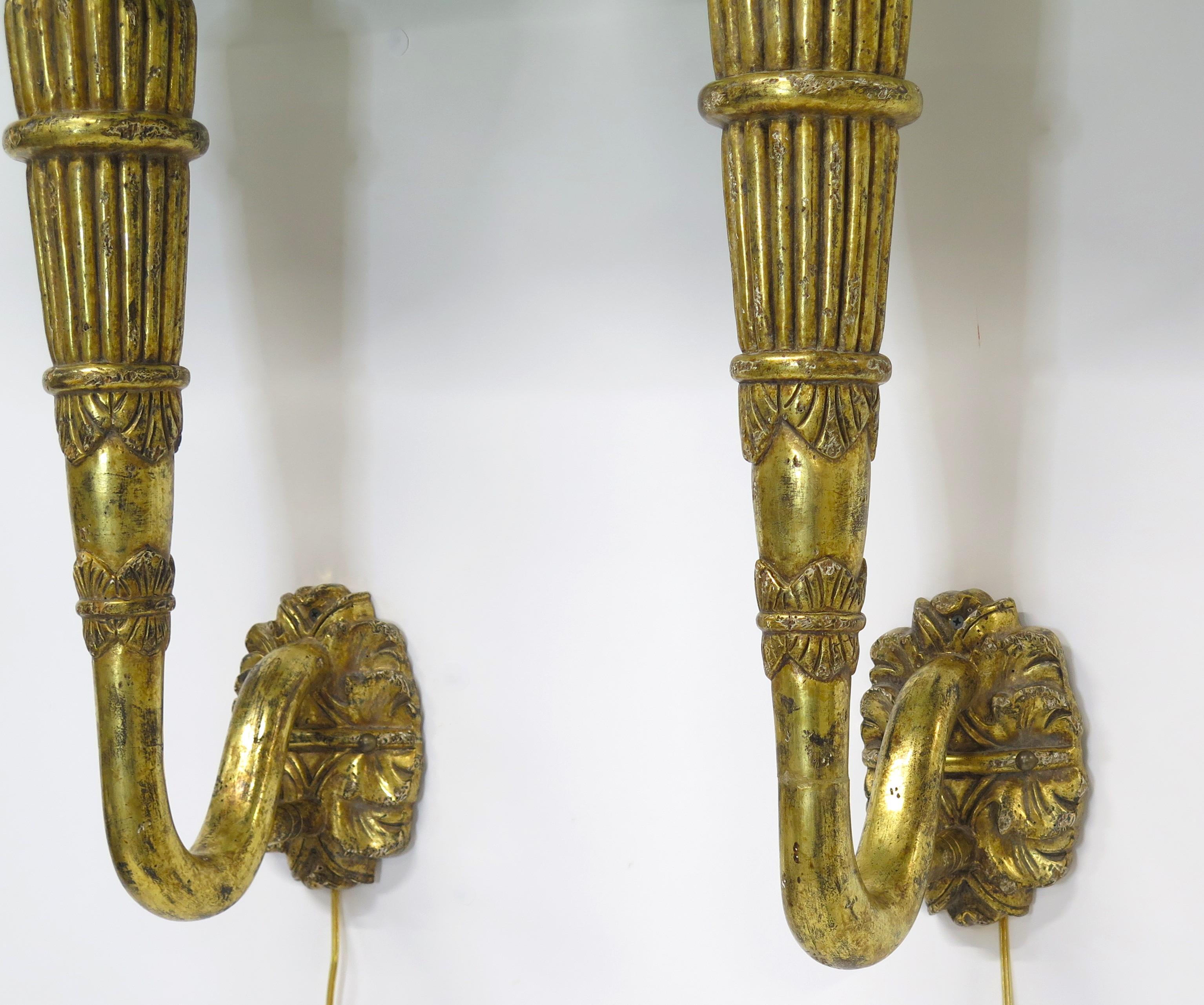 Pair of Art Deco Giltwood Sconces in the Form of Stylized Wall Torches In Good Condition For Sale In Dallas, TX