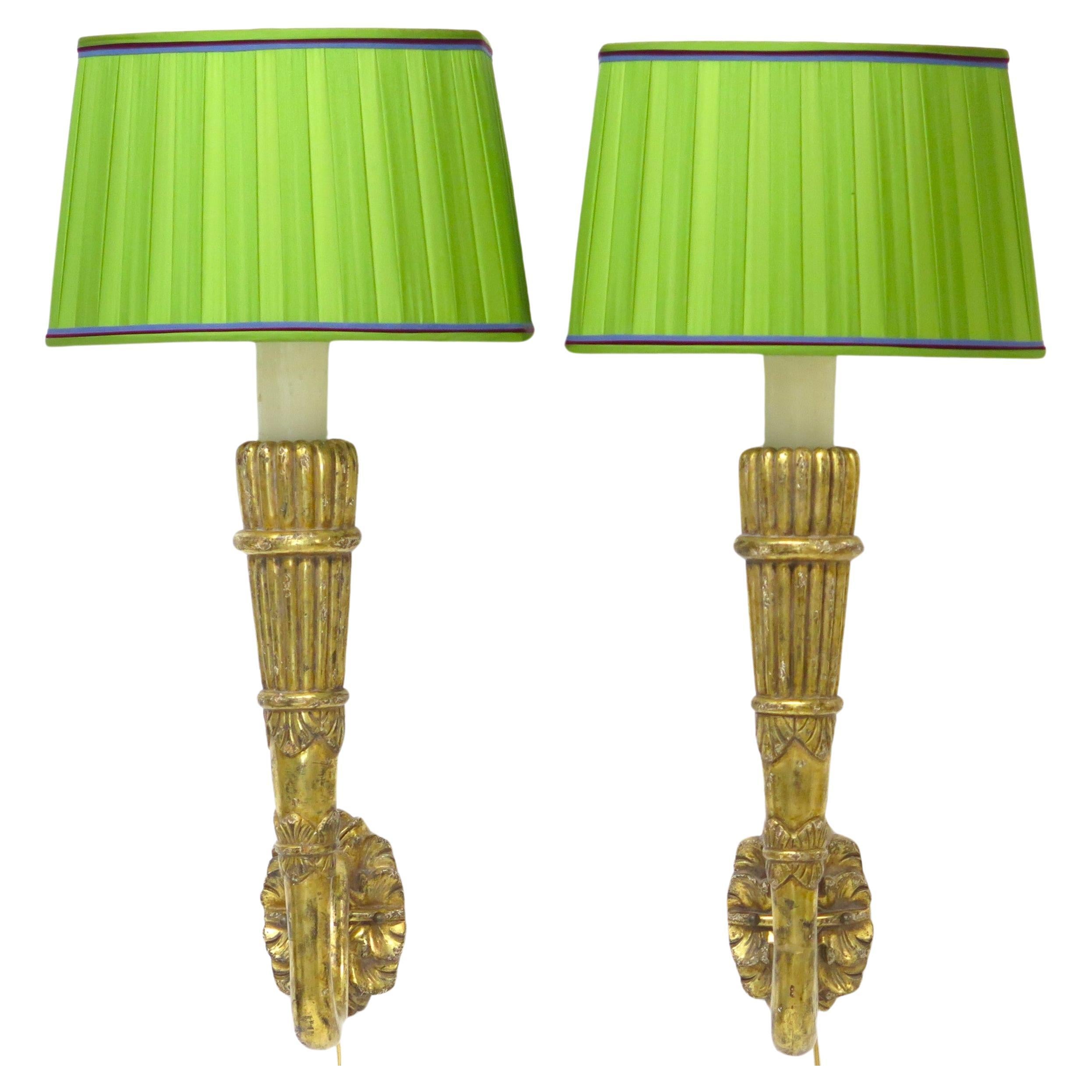 Pair of Art Deco Giltwood Sconces in the Form of Stylized Wall Torches