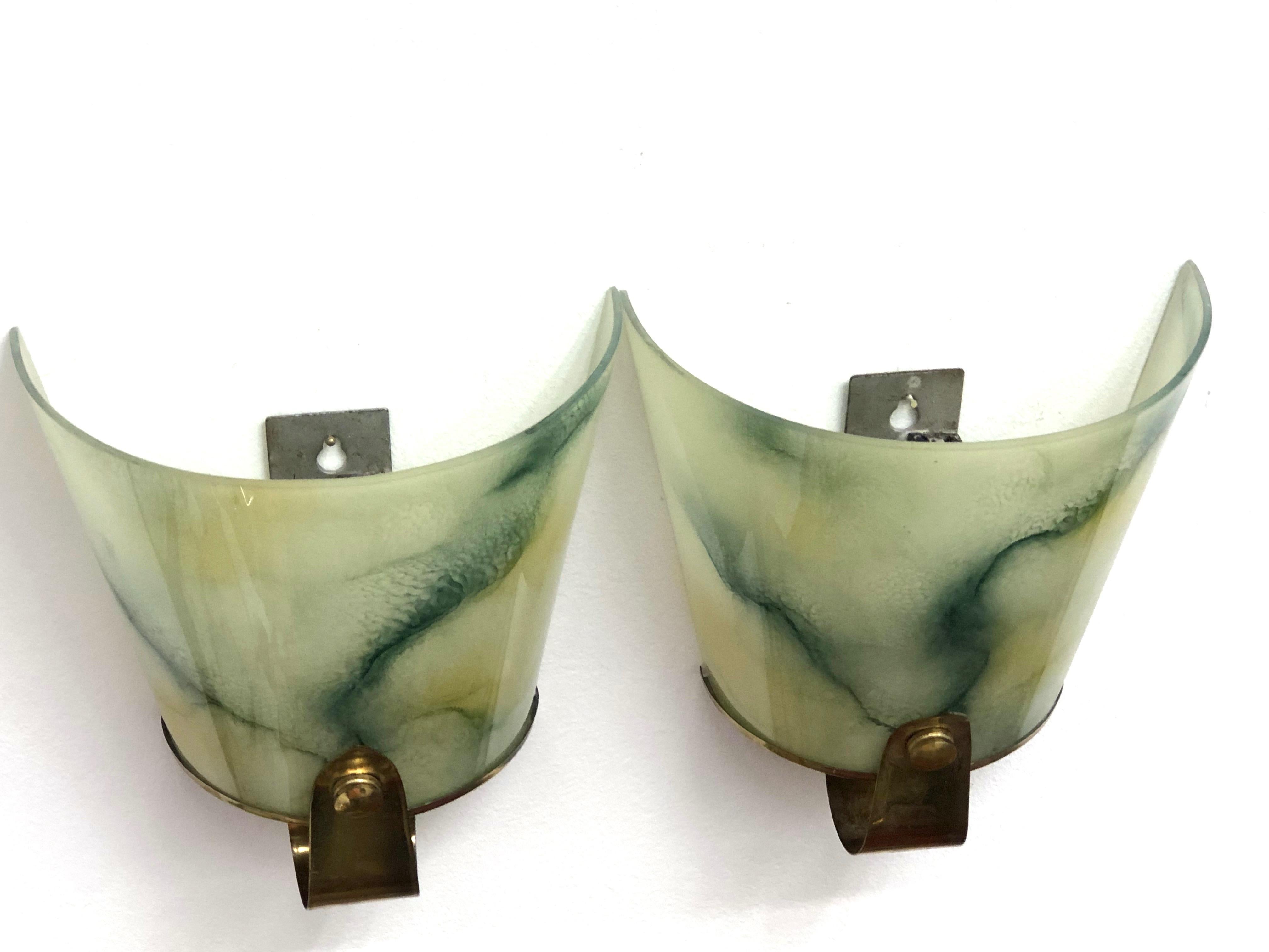 Pair of Art Deco Glass and Brass Sconces Vintage, German, 1930s 6