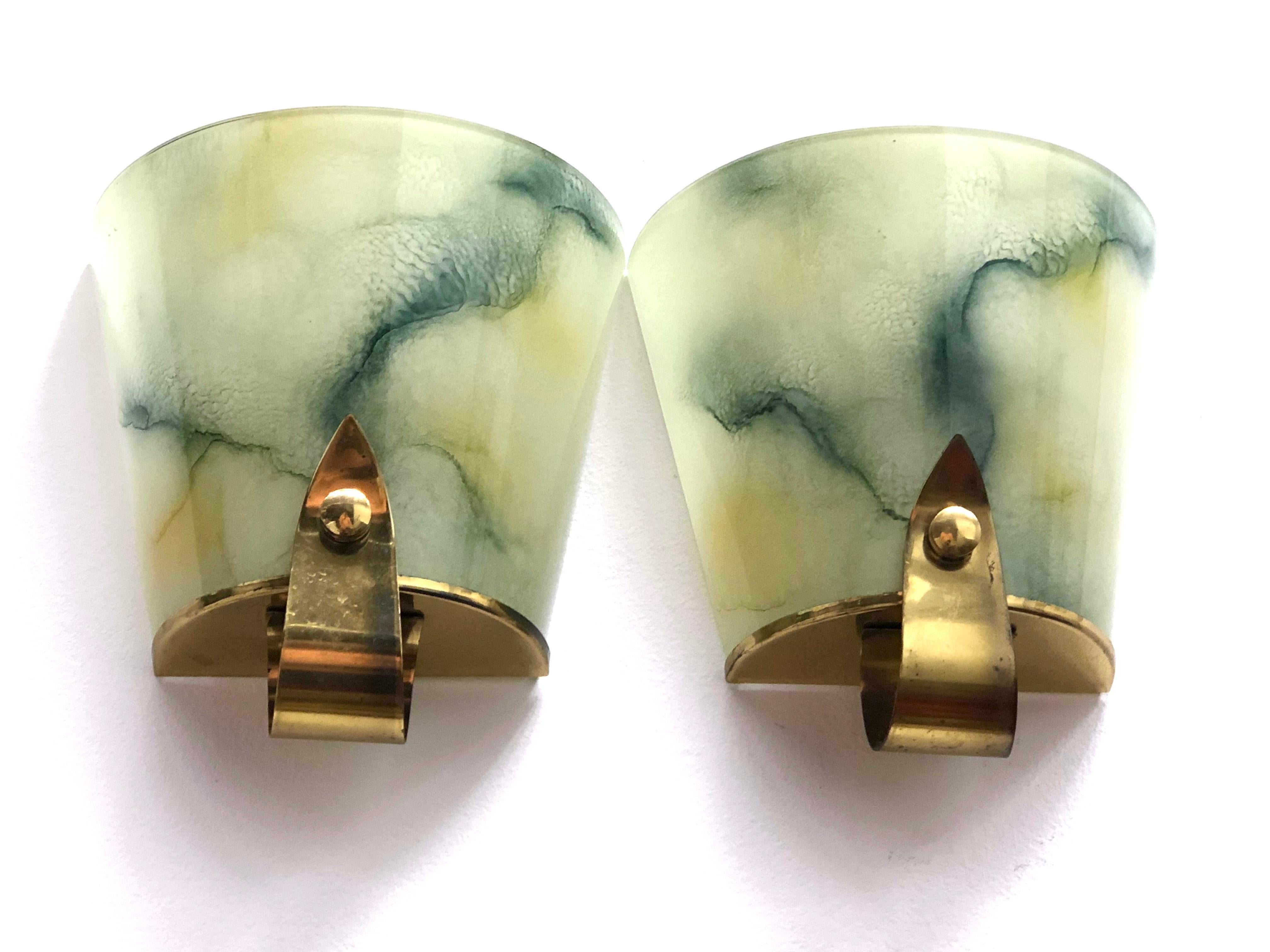 Pair of Art Deco Glass and Brass Sconces Vintage, German, 1930s 7