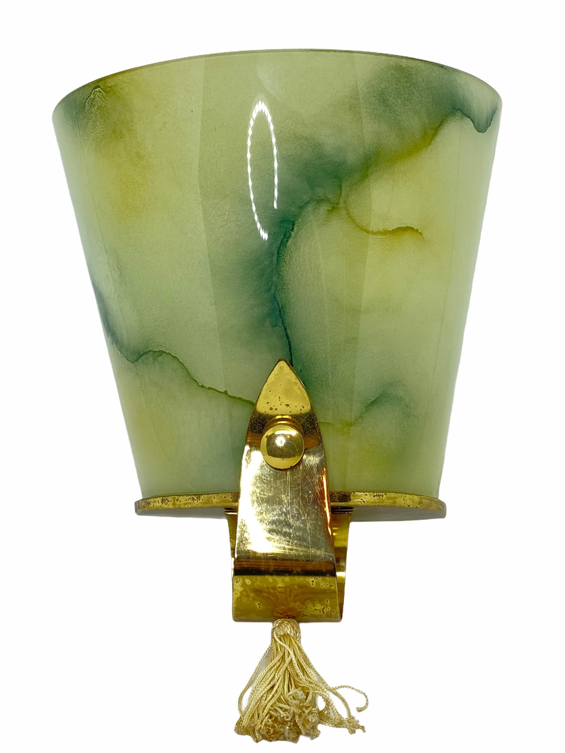 Pair of Art Deco Glass and Brass Sconces Vintage, German, 1930s In Good Condition In Nuernberg, DE