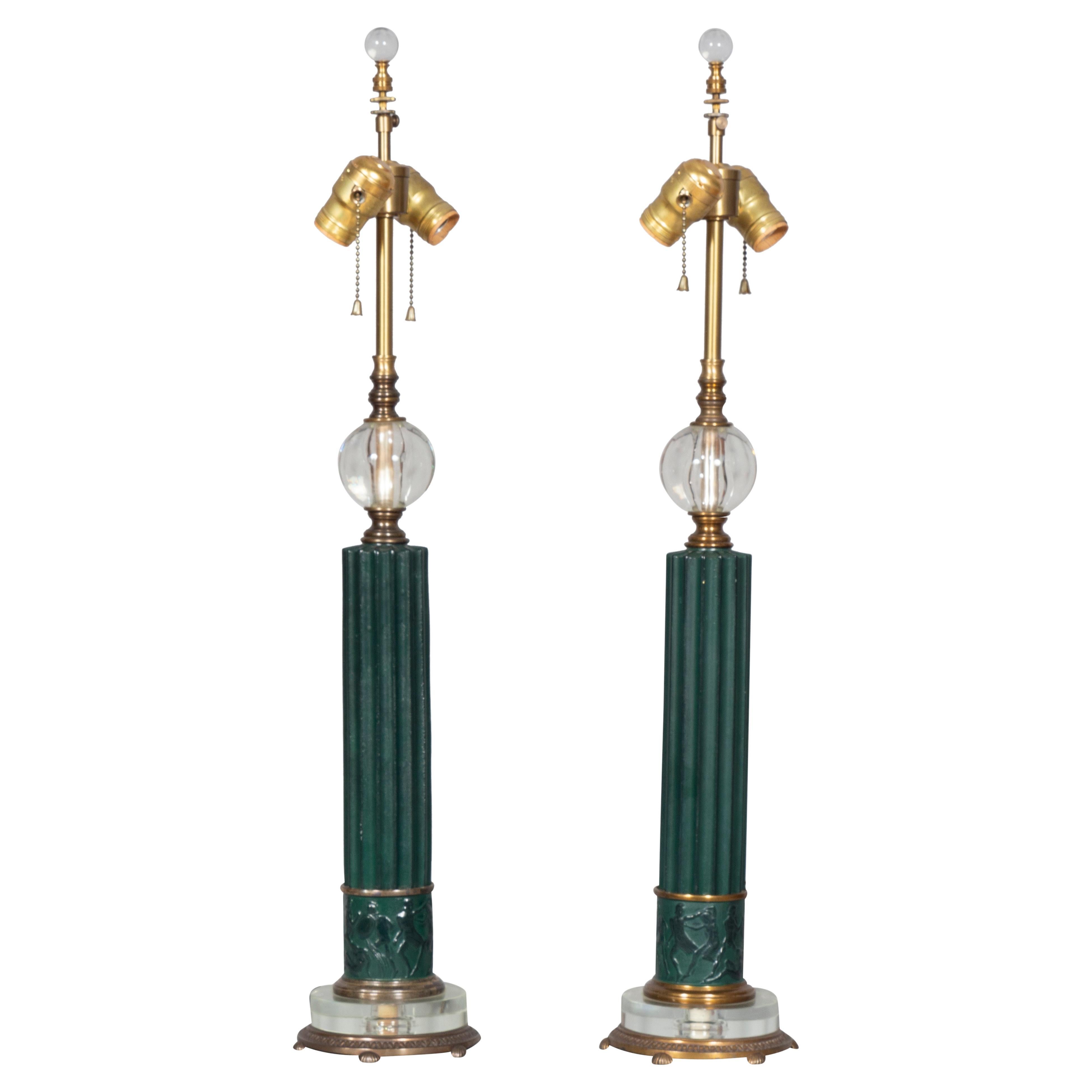 Pair Of Art Deco Glass And Metal Table Lamps For Sale