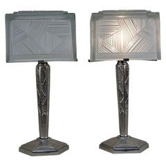 Pair of Art Deco Glass and Nickel Table Lamps Attributed to Sabine