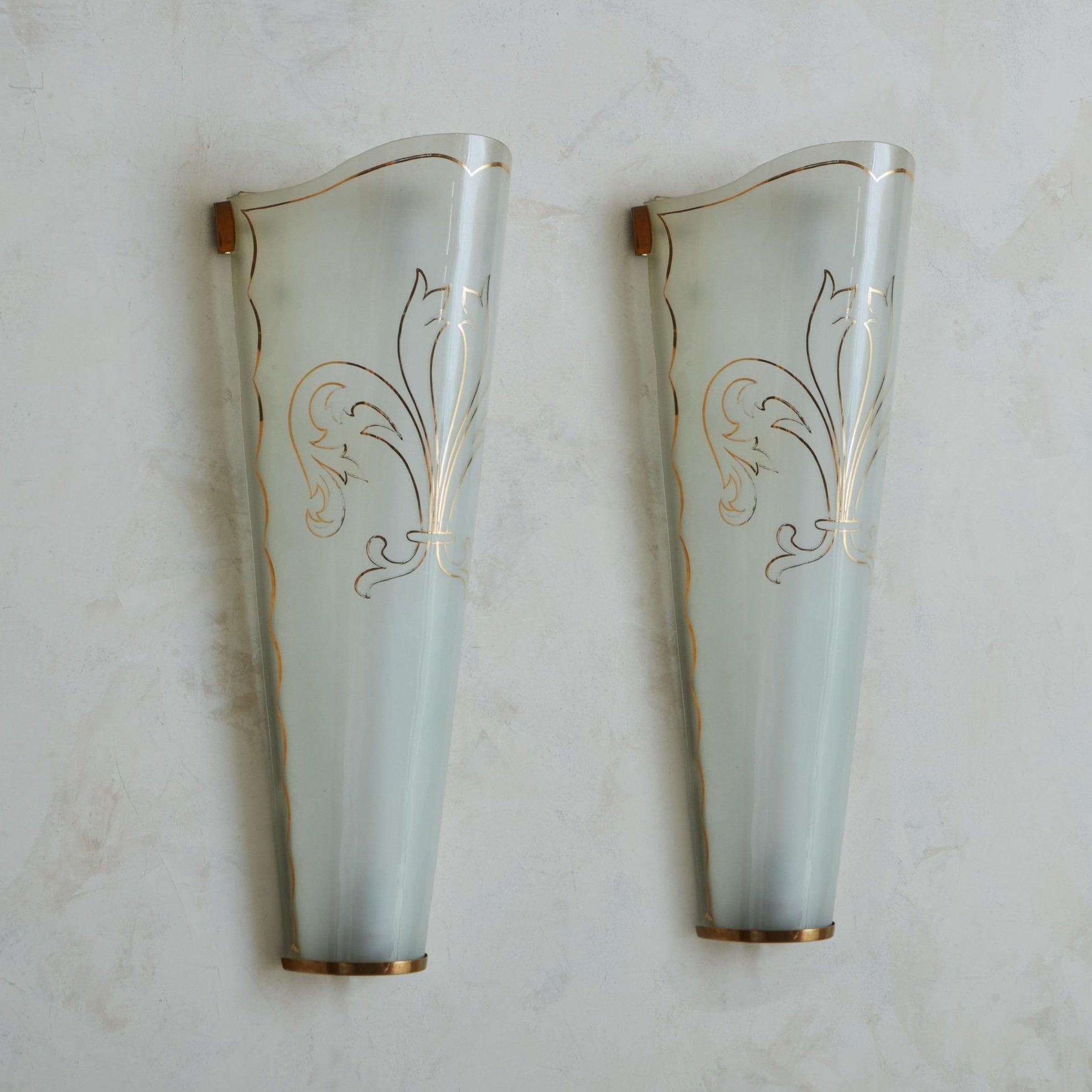 French Pair of Art Deco Glass + Brass Sconces, France 1930s For Sale