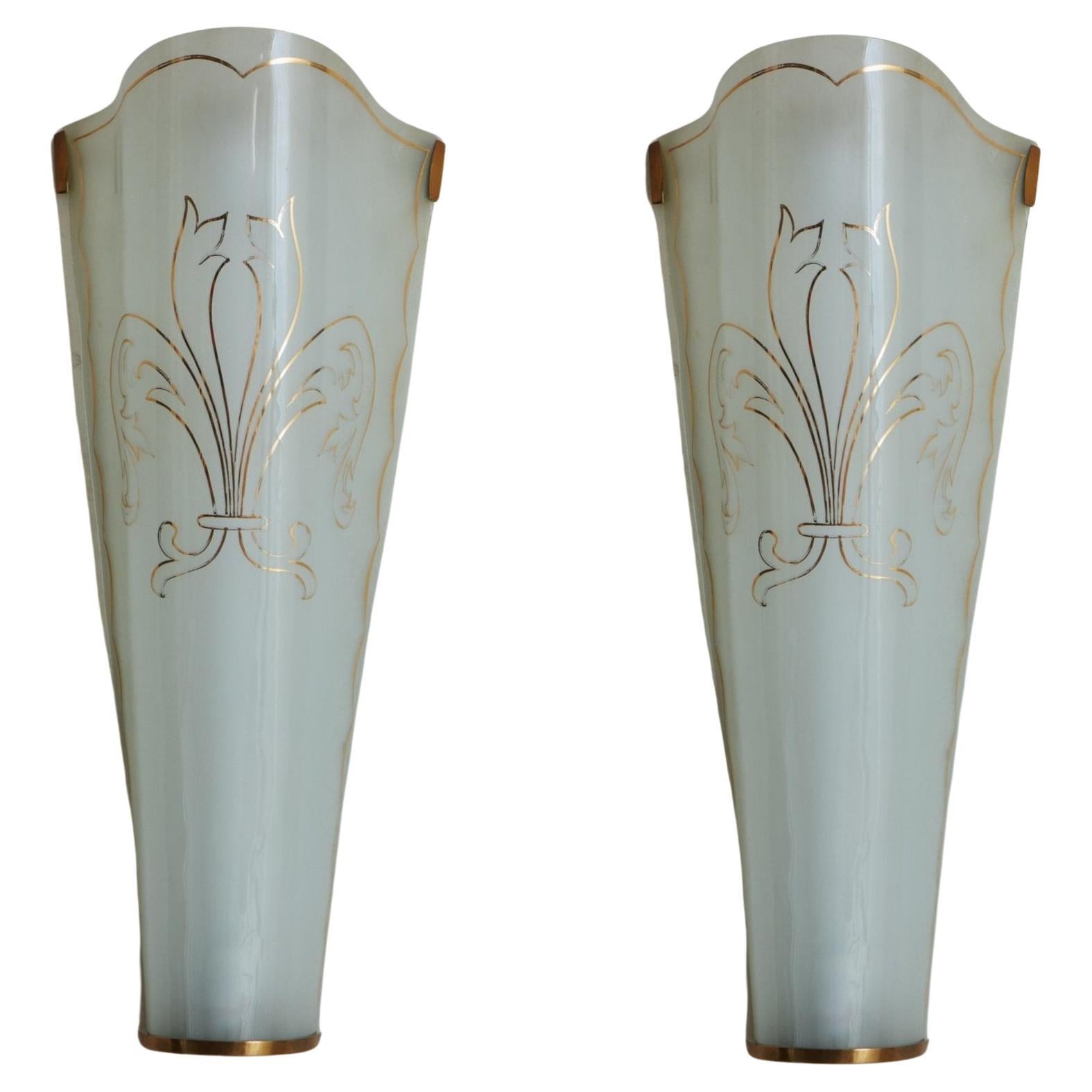 Pair of Art Deco Glass + Brass Sconces, France 1930s For Sale