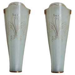 Vintage Pair of Art Deco Glass + Brass Sconces, France 1930s