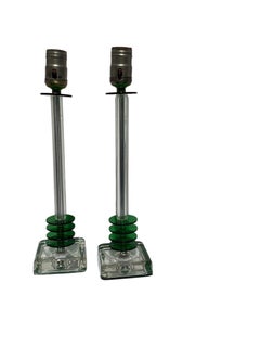 Pair of Art Deco Glass Column Lamps with Green Lucite