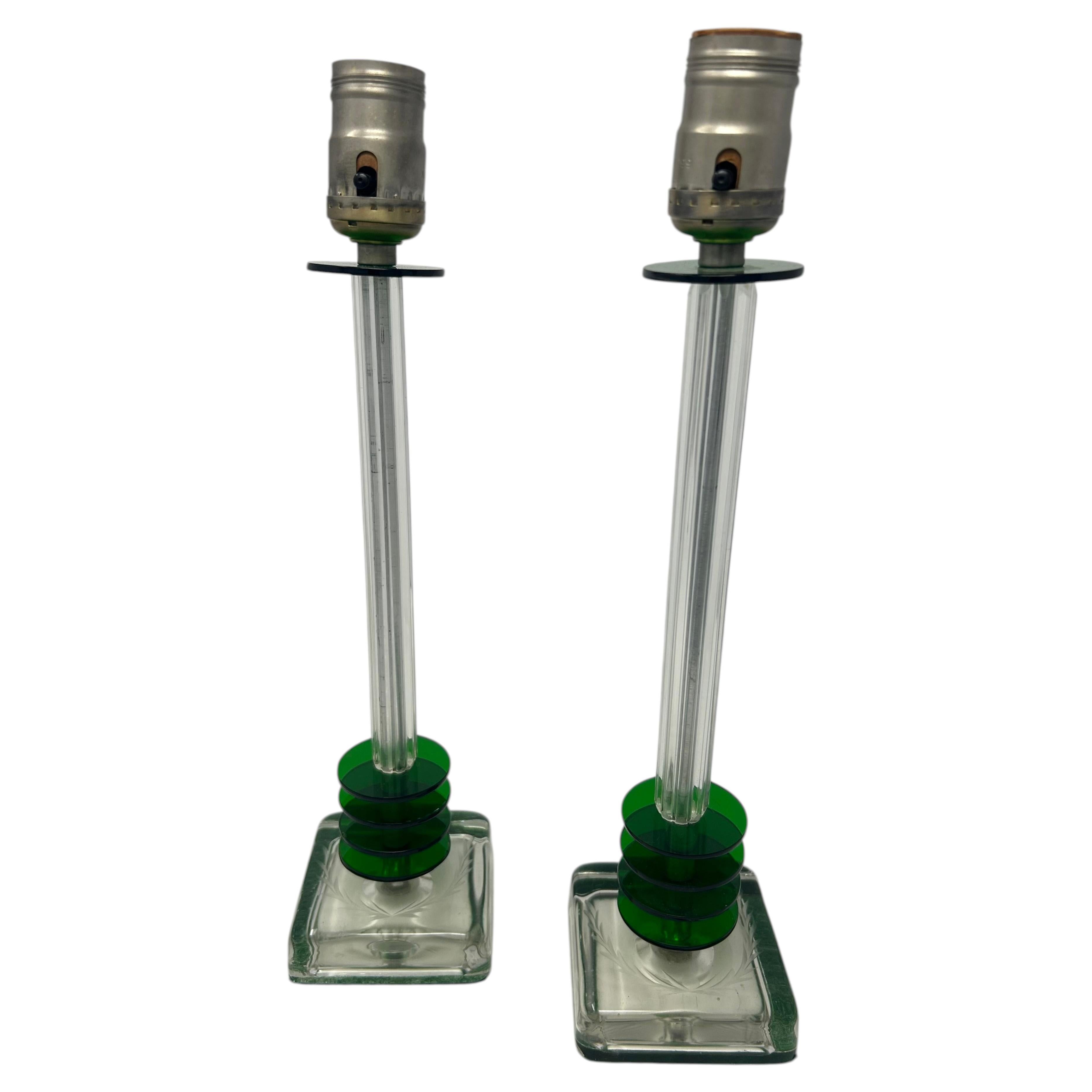 Pair of Art Deco Glass Column Lamps with Green Lucite For Sale