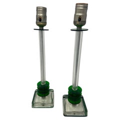 Pair of Art Deco Glass Column Lamps with Green Lucite