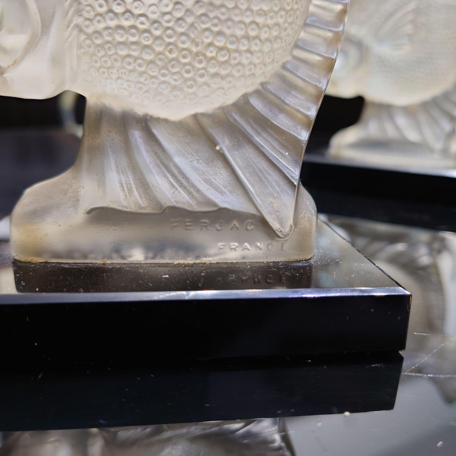 Pair of Art Deco Glass Figurines Piranha Molded Fish By Ferjac France 1920s For Sale 3