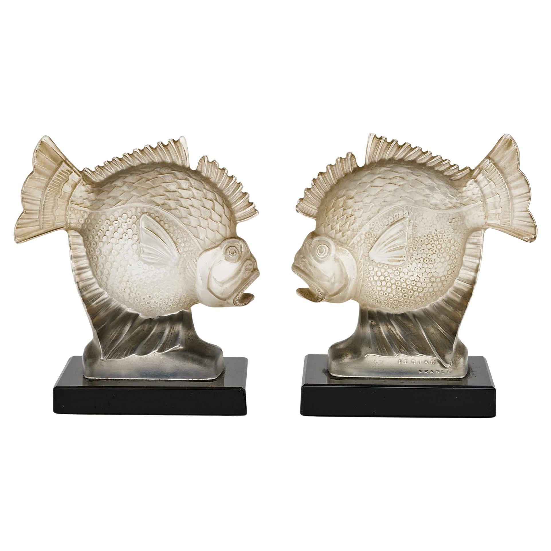 Pair of Art Deco Glass Figurines Piranha Molded Fish By Ferjac France 1920s For Sale