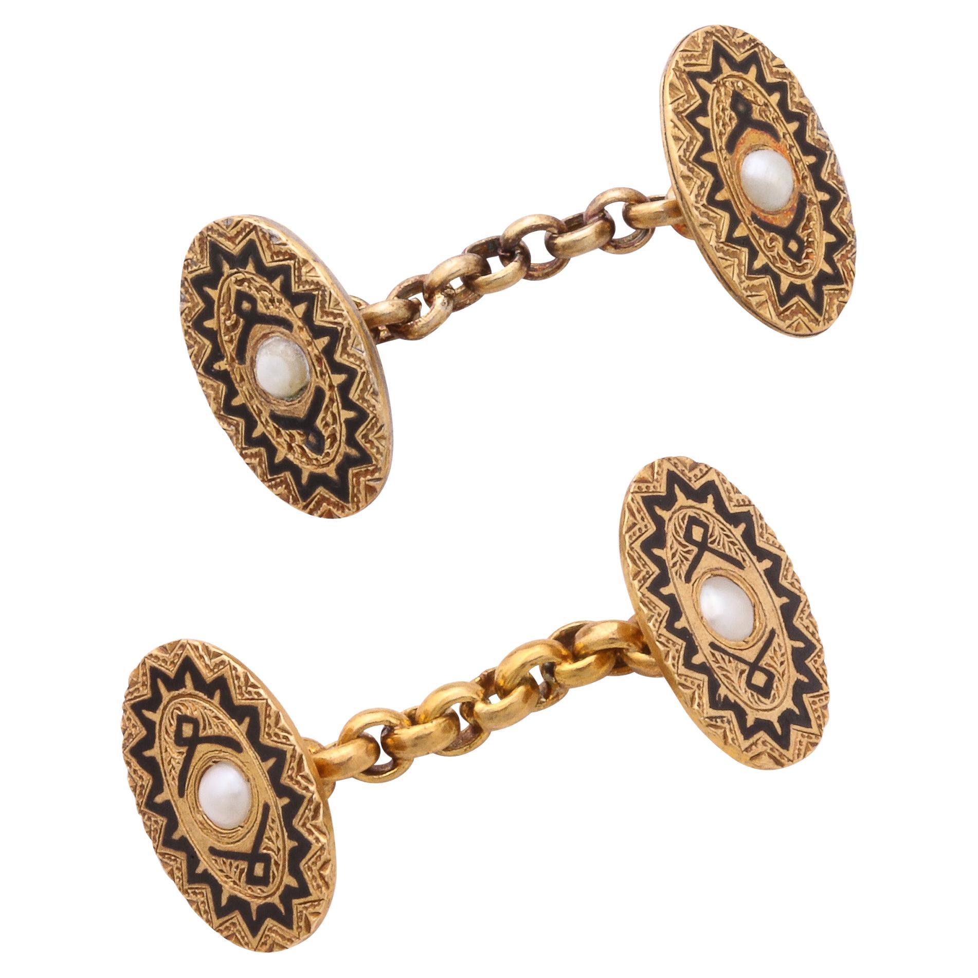 Manschettenknöpfe aus Gold, Perlen und Emaille im Art déco-Stil, Paar
