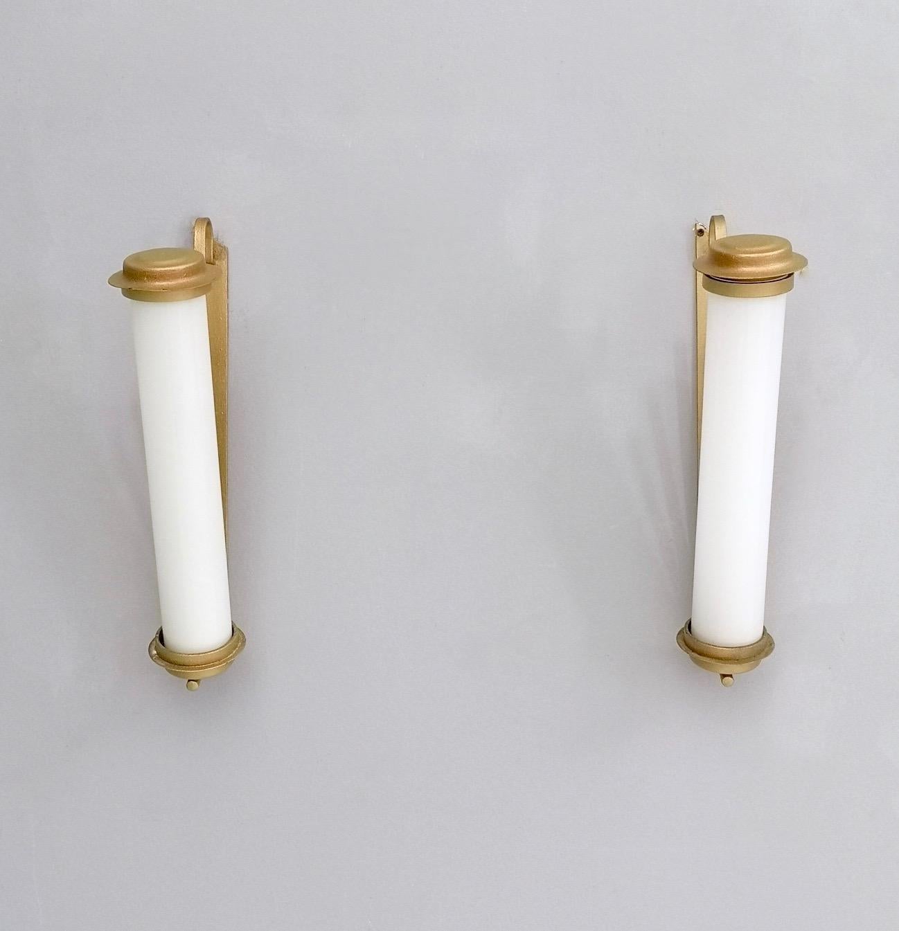 Pair of Vintage Art Deco Gold Varnished Iron and Cased Glass Sconces, Italy 3
