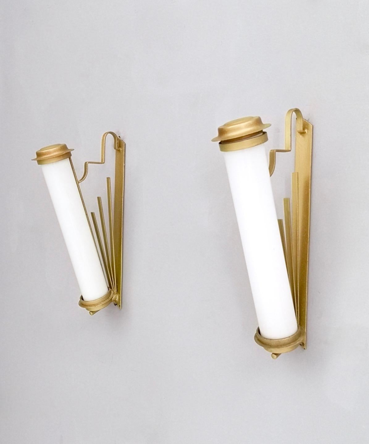 Italian Pair of Vintage Art Deco Gold Varnished Iron and Cased Glass Sconces, Italy