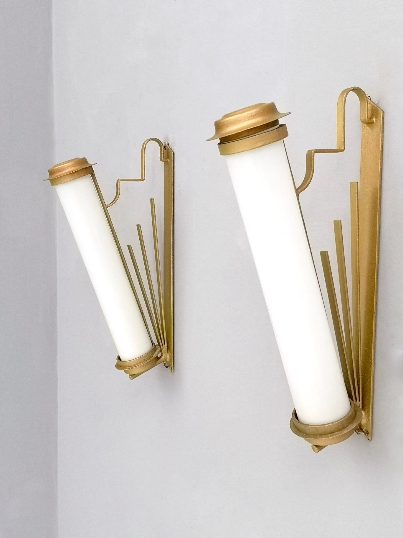 Pair of Vintage Art Deco Gold Varnished Iron and Cased Glass Sconces, Italy 1