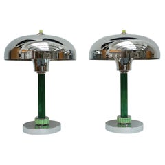 Pair of Art Deco Green Bakelite and Chromed Metal Table Lamps