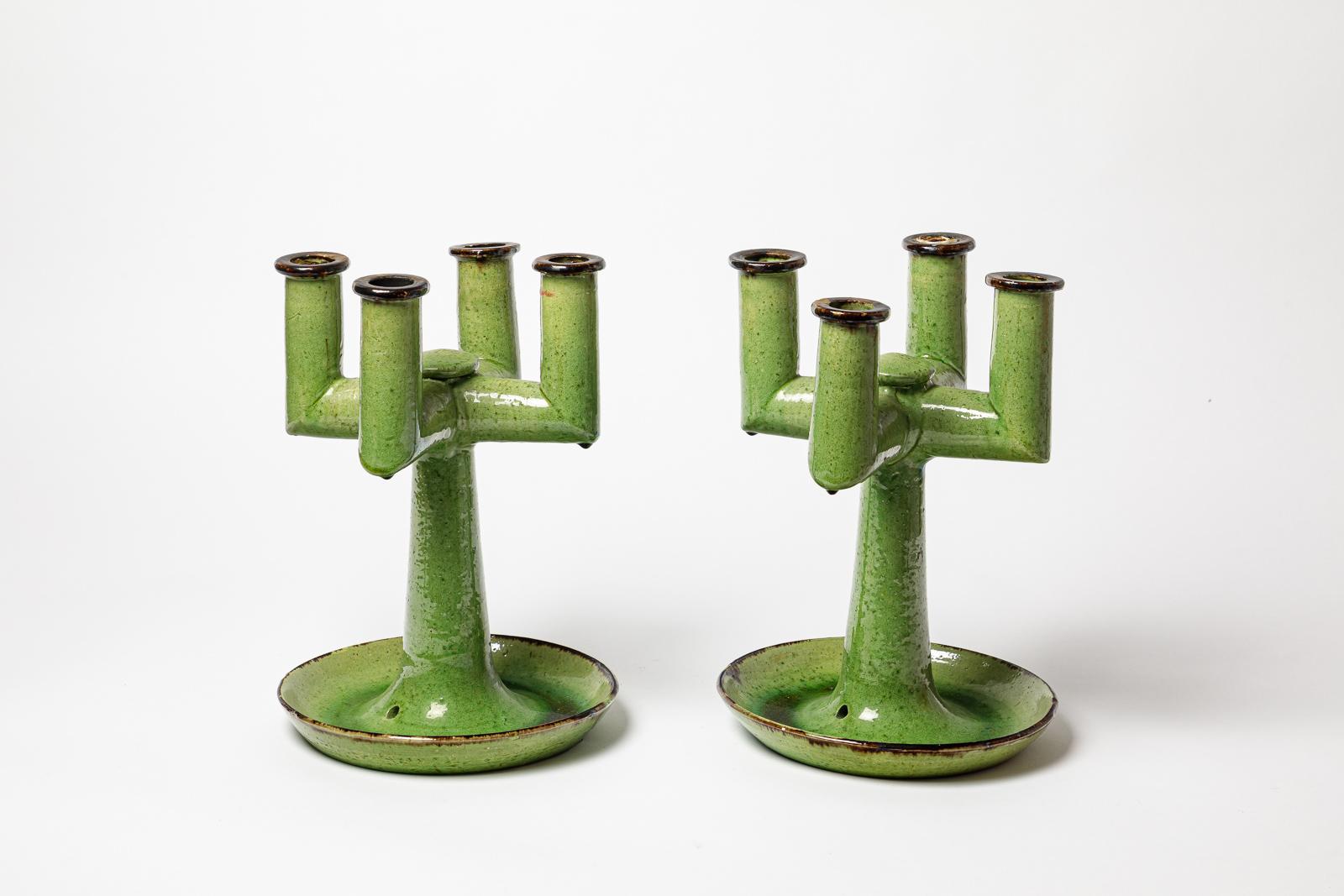 Etienne Noel - Dieulefit 


Pair of art deco green and black ceramic bases table lamps or candlesticks

Rare art deco ceramic table lamp

Etienne Noel worked in Dieulefit with Georges Jouve in the 40's

They are originally pierced to be mounted as