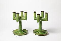 Pair of art deco green ceramic bases table lamps by Etienne Noel candlesticks