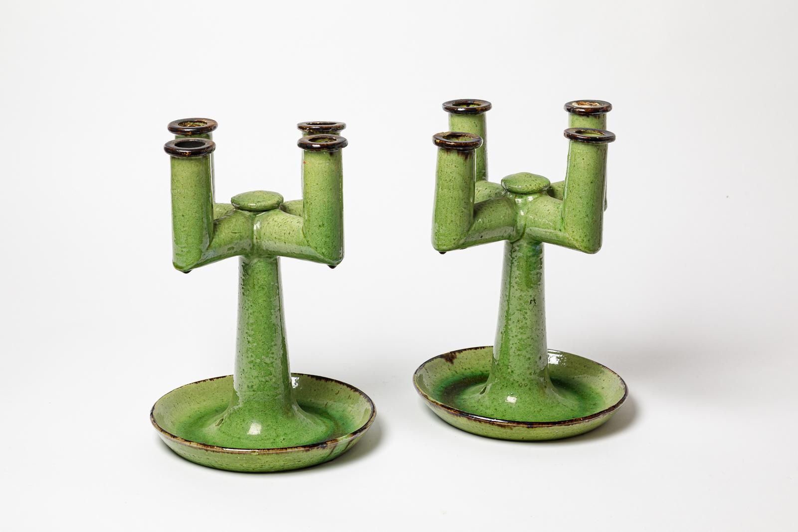 French Pair of art deco green ceramic bases table lamps by Etienne Noel candlesticks