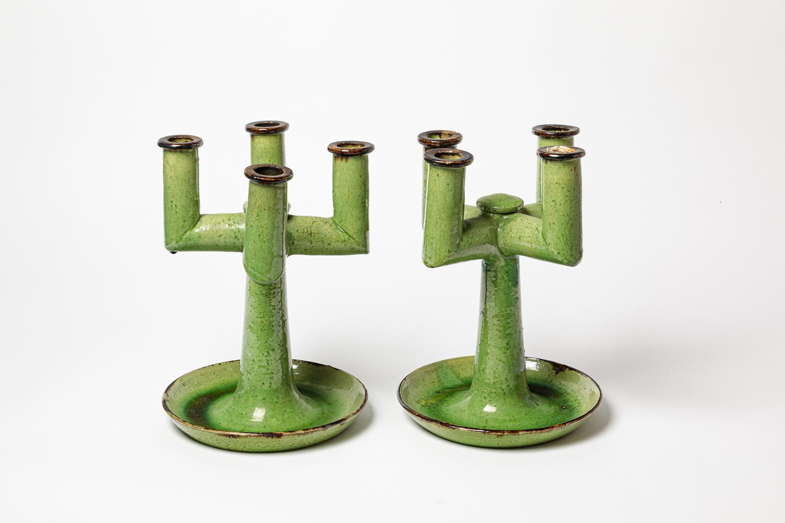 Pair of art deco green ceramic bases table lamps by Etienne Noel candlesticks In Excellent Condition In Neuilly-en- sancerre, FR