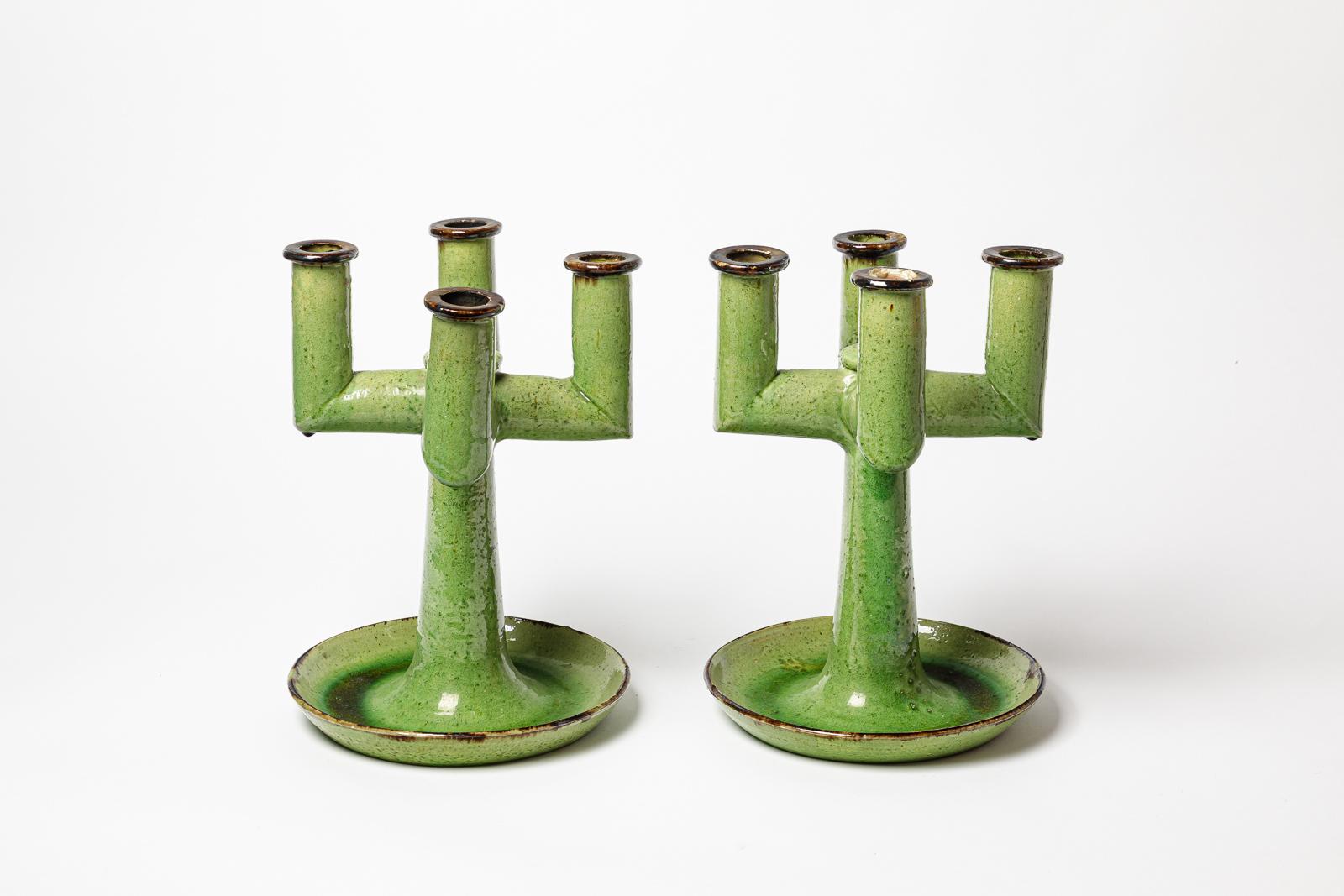 20th Century Pair of art deco green ceramic bases table lamps by Etienne Noel candlesticks