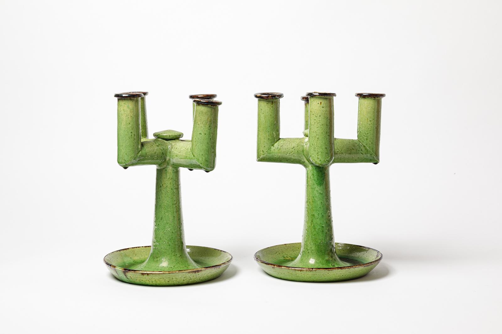 Ceramic Pair of art deco green ceramic bases table lamps by Etienne Noel candlesticks