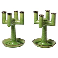 Pair of art deco green ceramic bases table lamps by Etienne Noel candlesticks