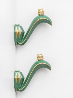 Pair of Art Deco Green Ceramic Wall Sconces with Gold Accents