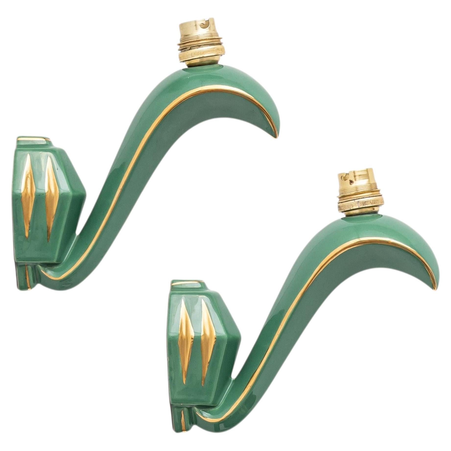 French Art Deco Ceramic and Brass Wall Sconces, Green & Gold Pair, circa 1930s For Sale
