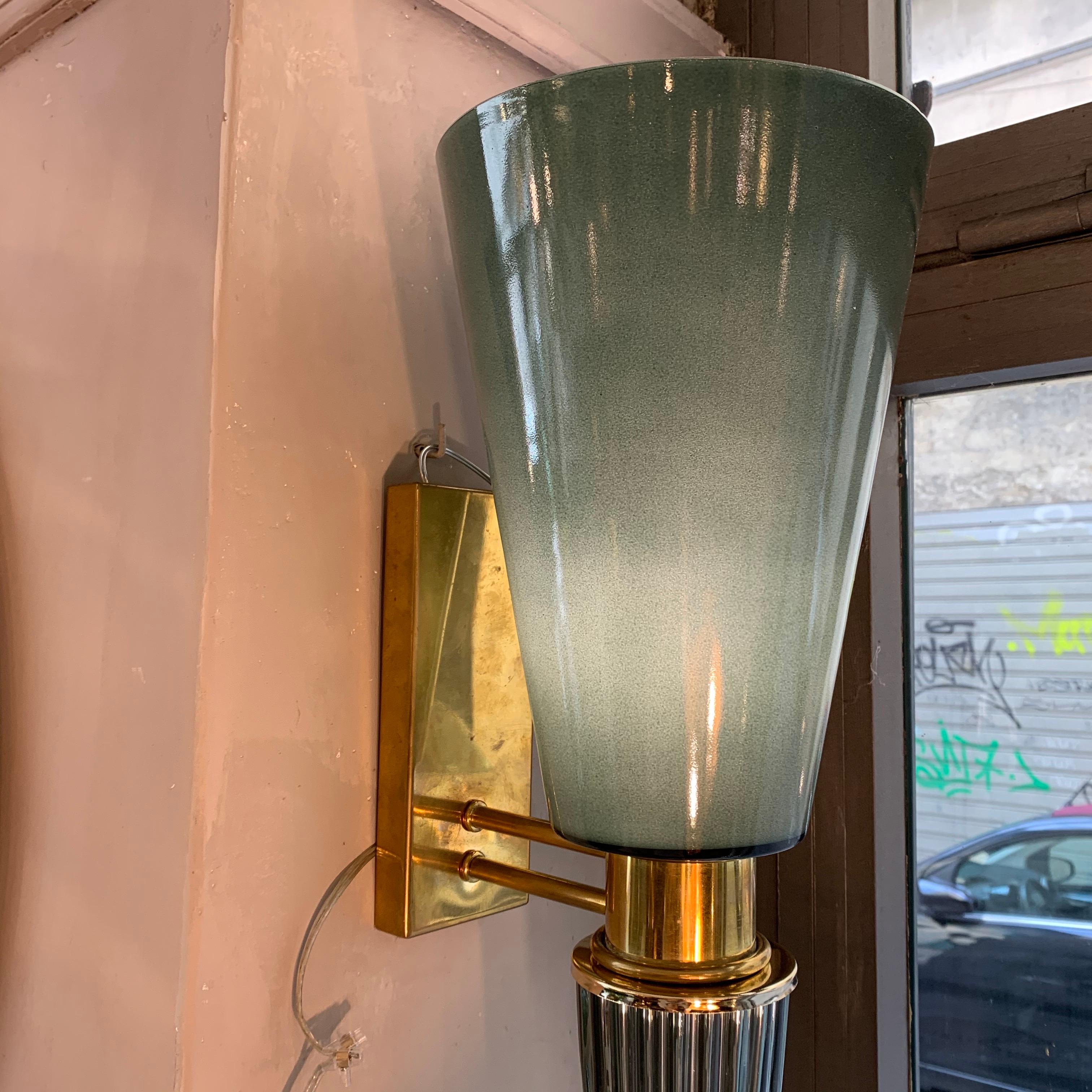 Pair of Art Deco Green Conical Murano Wall Sconces, Brass Fittings, 1940s 5