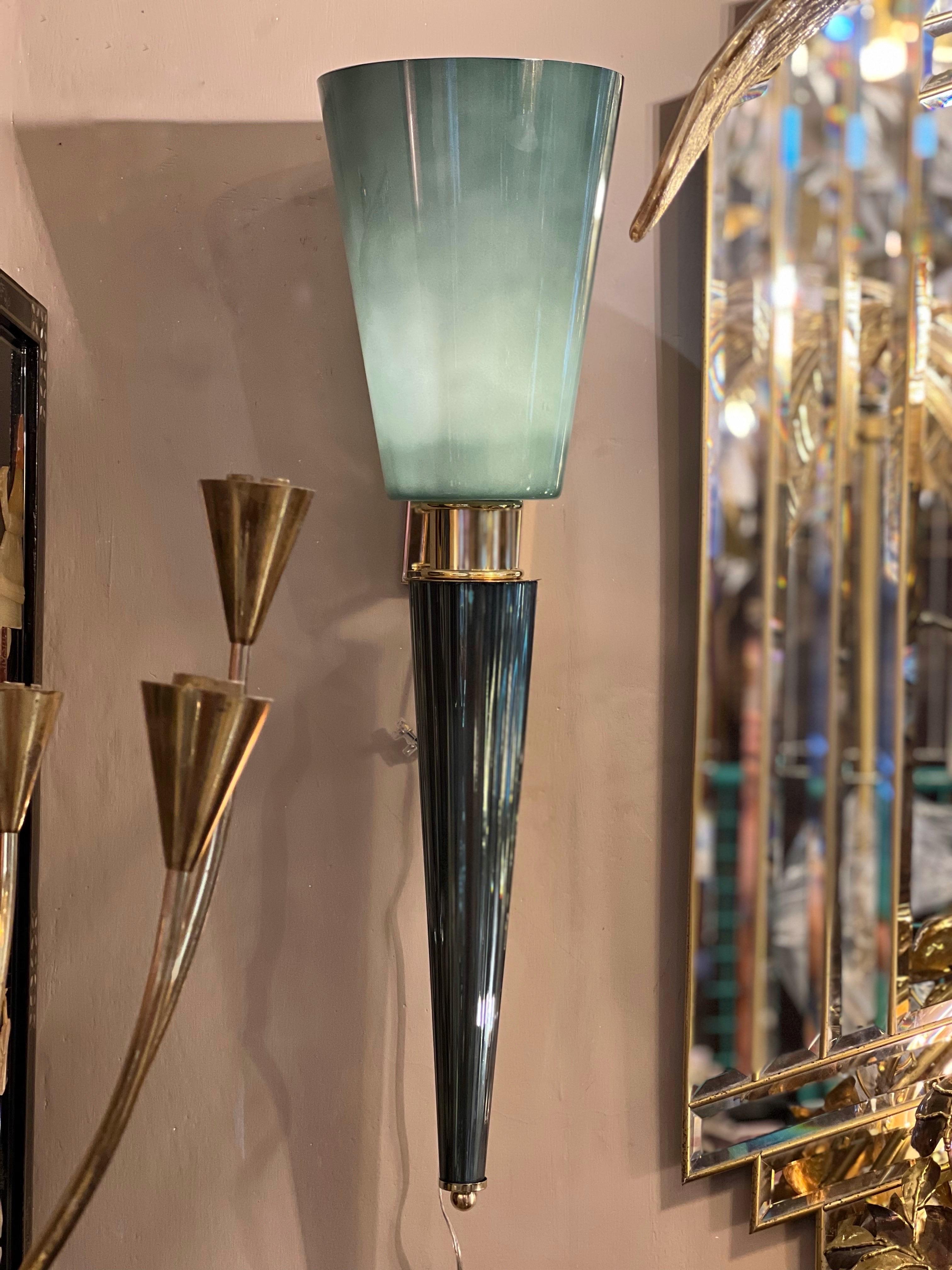 Pair of Art Deco Sage Green Conical Murano Wall Sconces, Brass Fittings, 1940s For Sale 6