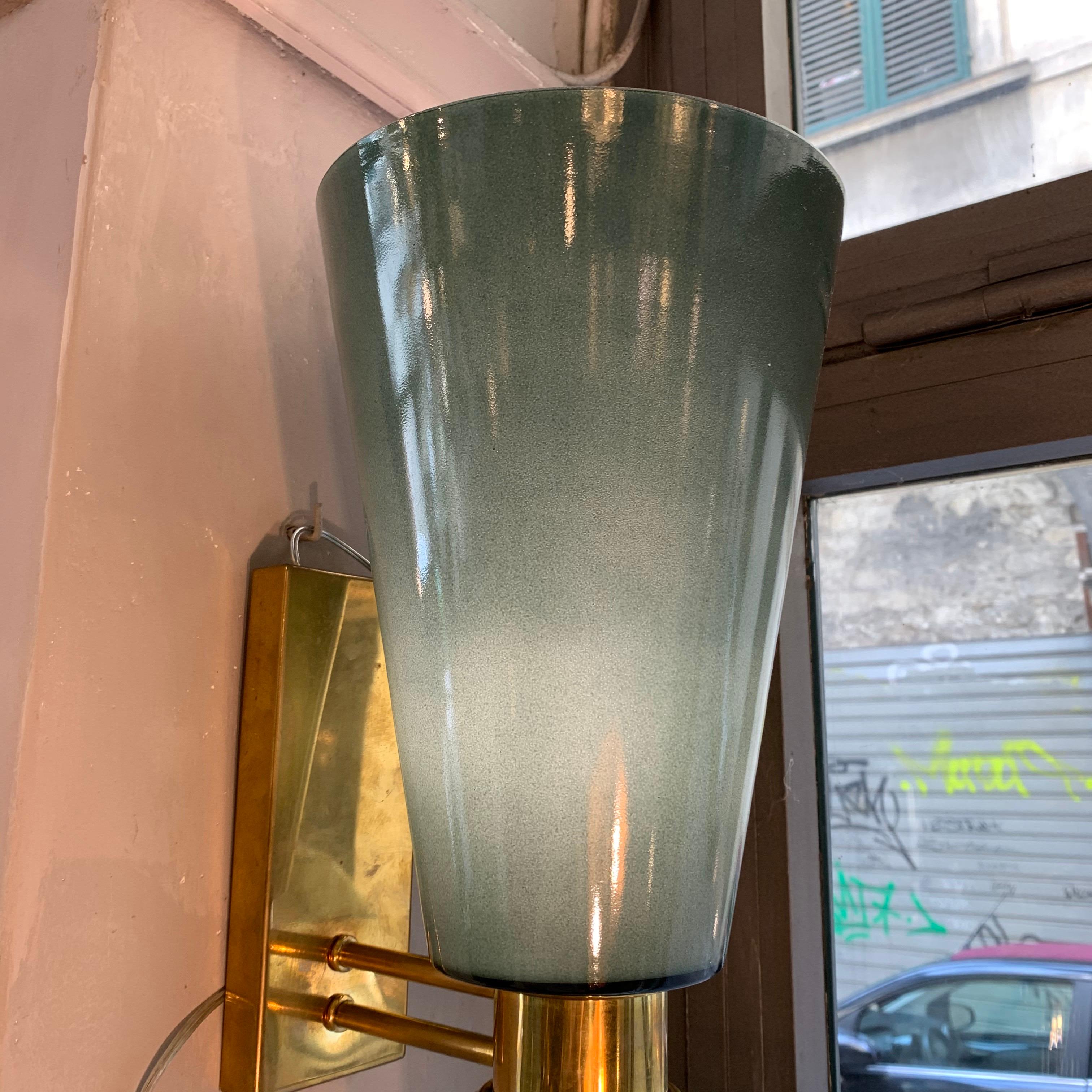 Pair of Art Deco Green Conical Murano Wall Sconces, Brass Fittings, 1940s 6