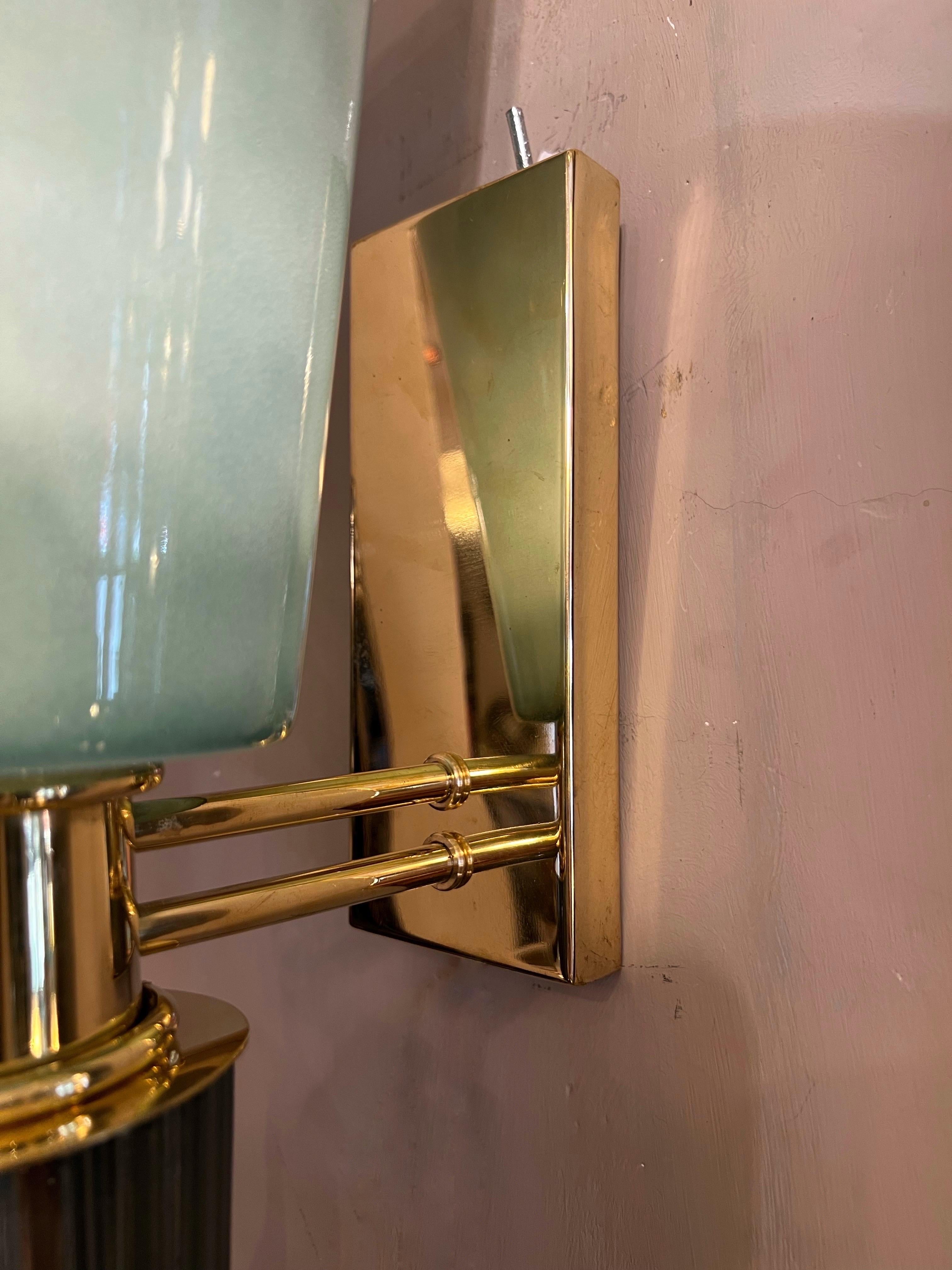 Pair of Art Deco Sage Green Conical Murano Wall Sconces, Brass Fittings, 1940s For Sale 10