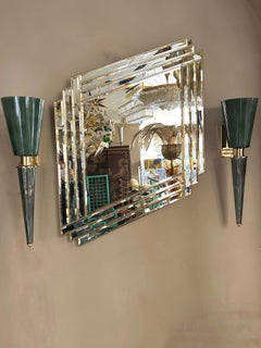 Pair of Art Deco Sage Green Conical Murano Wall Sconces, Brass Fittings, 1940s