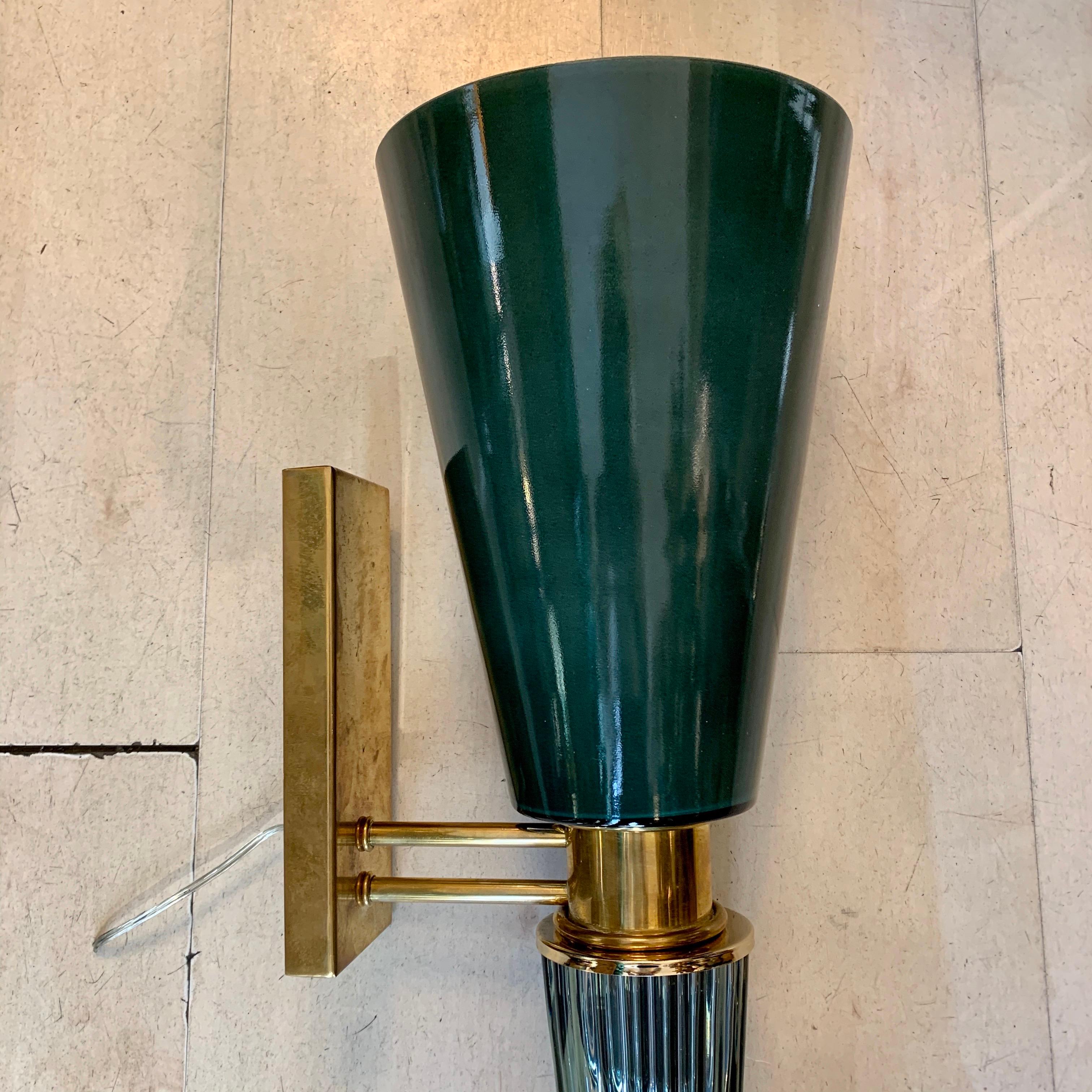 Mid-20th Century Pair of Art Deco Green Conical Murano Wall Sconces, Brass Fittings, 1940s