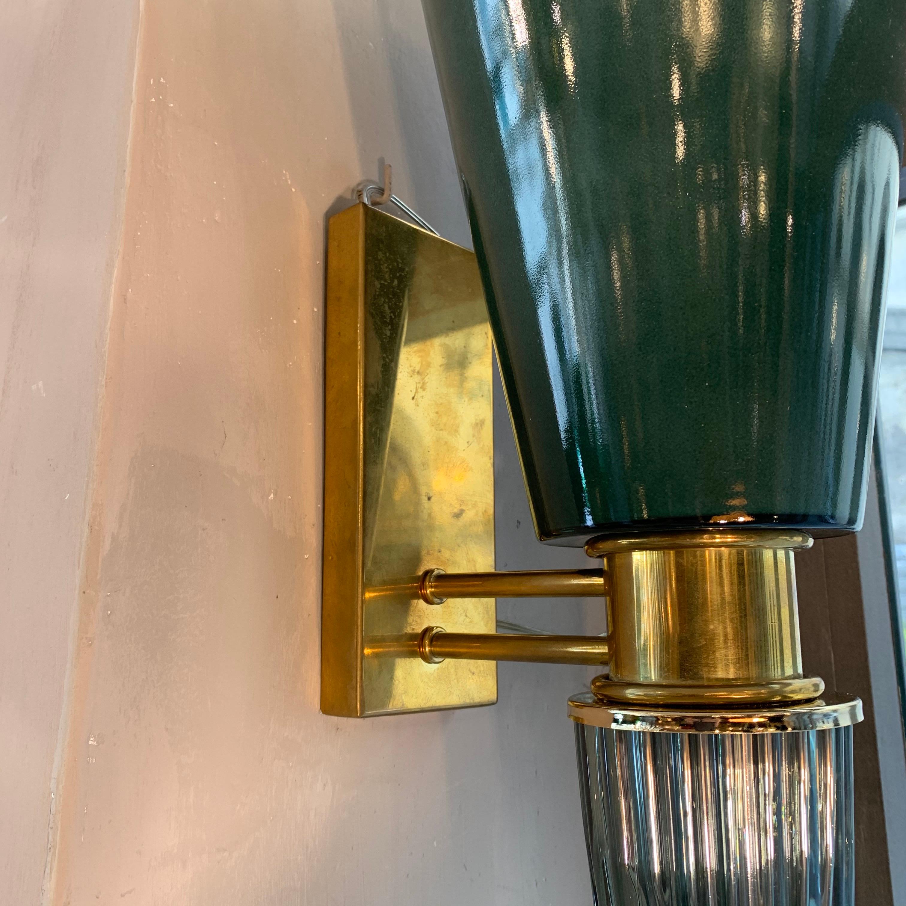 Pair of Art Deco Green Conical Murano Wall Sconces, Brass Fittings, 1940s 1