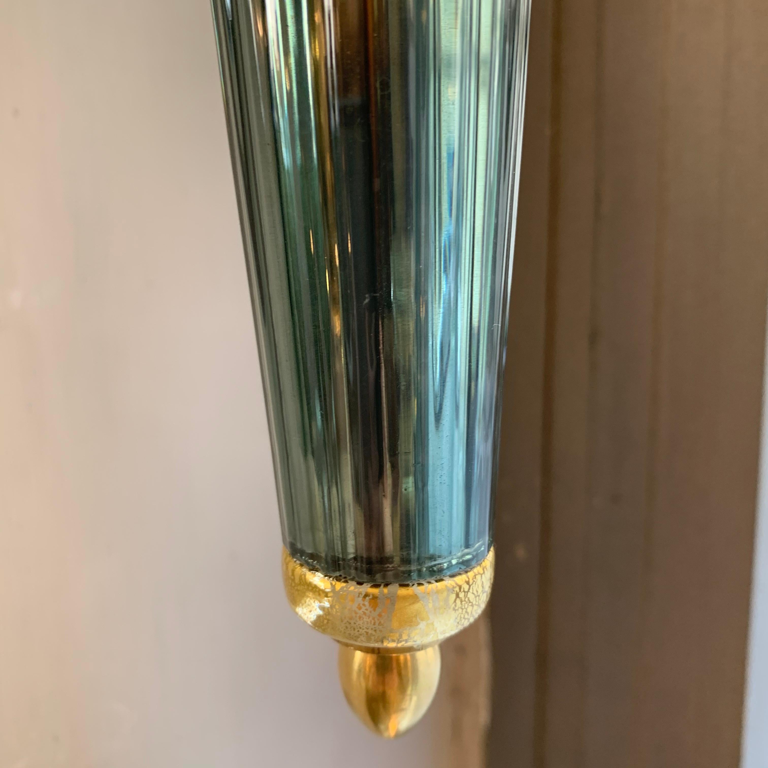 Pair of Art Deco Green Conical Murano Wall Sconces, Brass Fittings, 1940s 2