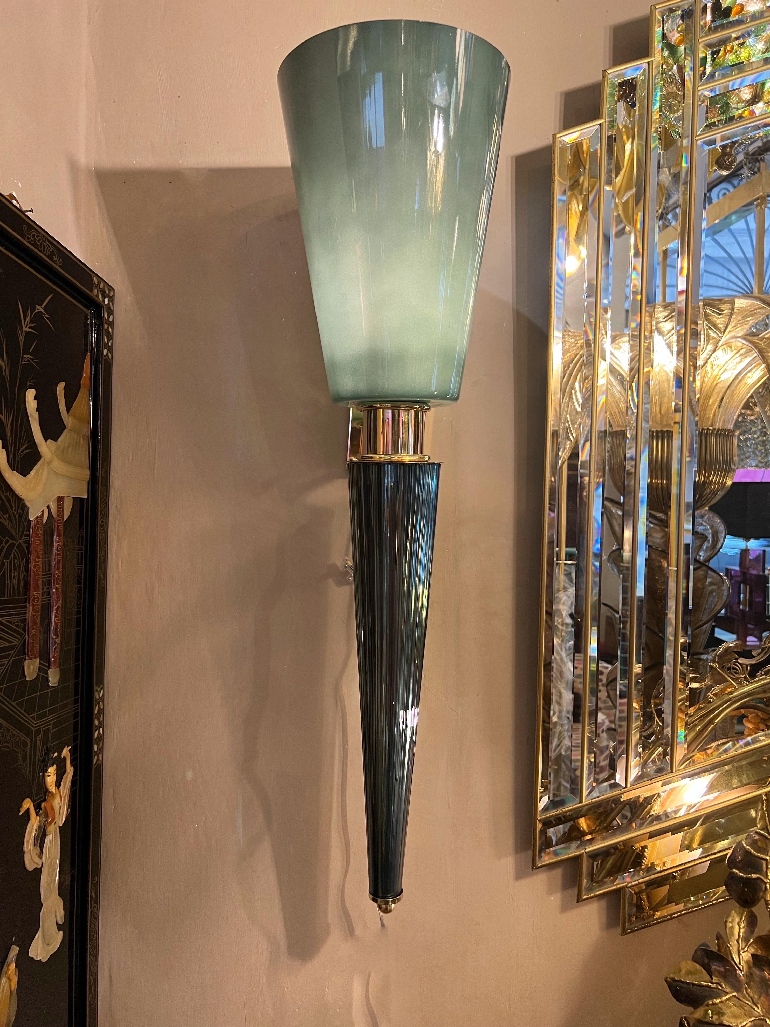 Pair of Art Deco Sage Green Conical Murano Wall Sconces, Brass Fittings, 1940s For Sale 4
