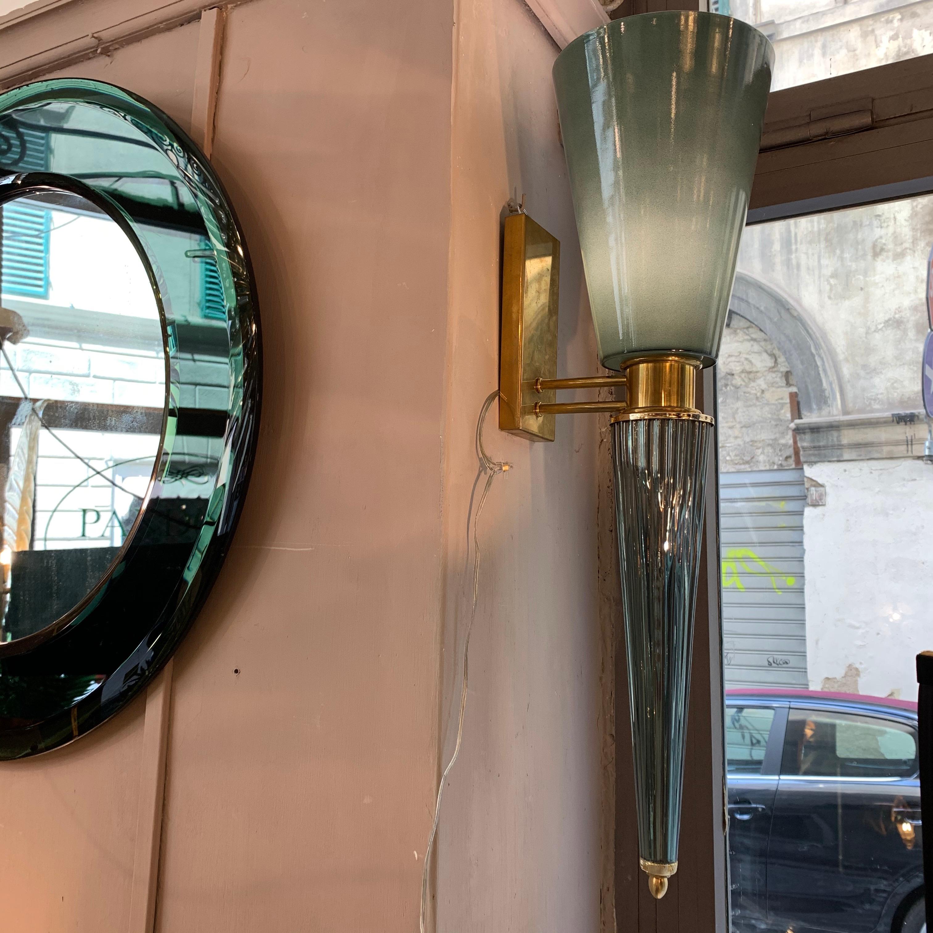 Pair of Art Deco Green Conical Murano Wall Sconces, Brass Fittings, 1940s 4