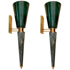 Pair of Art Deco Green Conical Murano Wall Sconces, Brass Fittings, 1940s