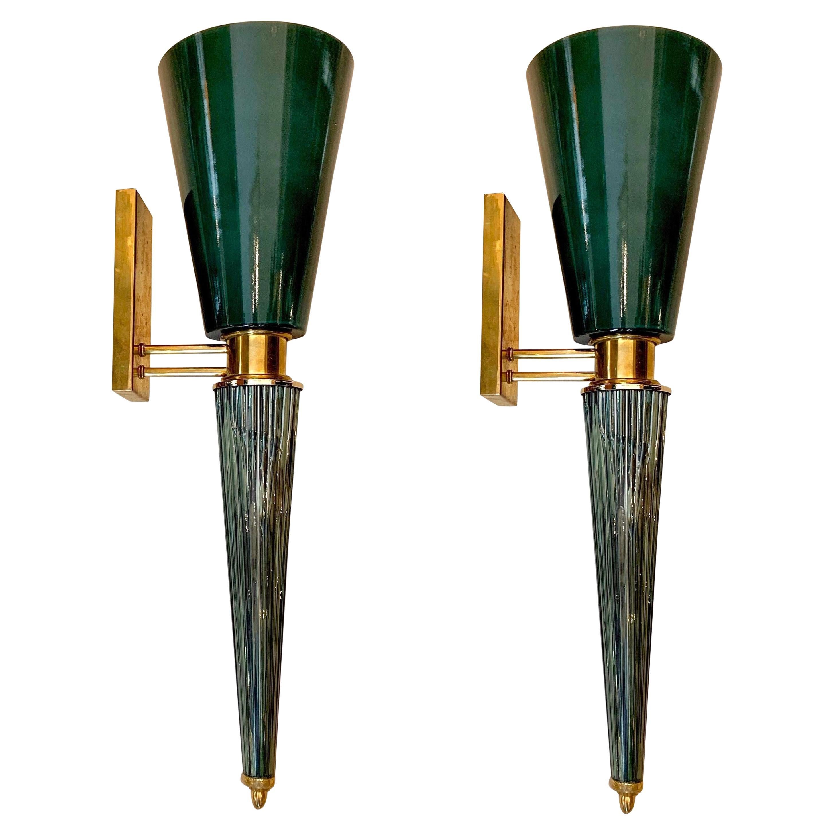 Pair of Art Deco Sage Green Conical Murano Wall Sconces, Brass Fittings, 1940s For Sale