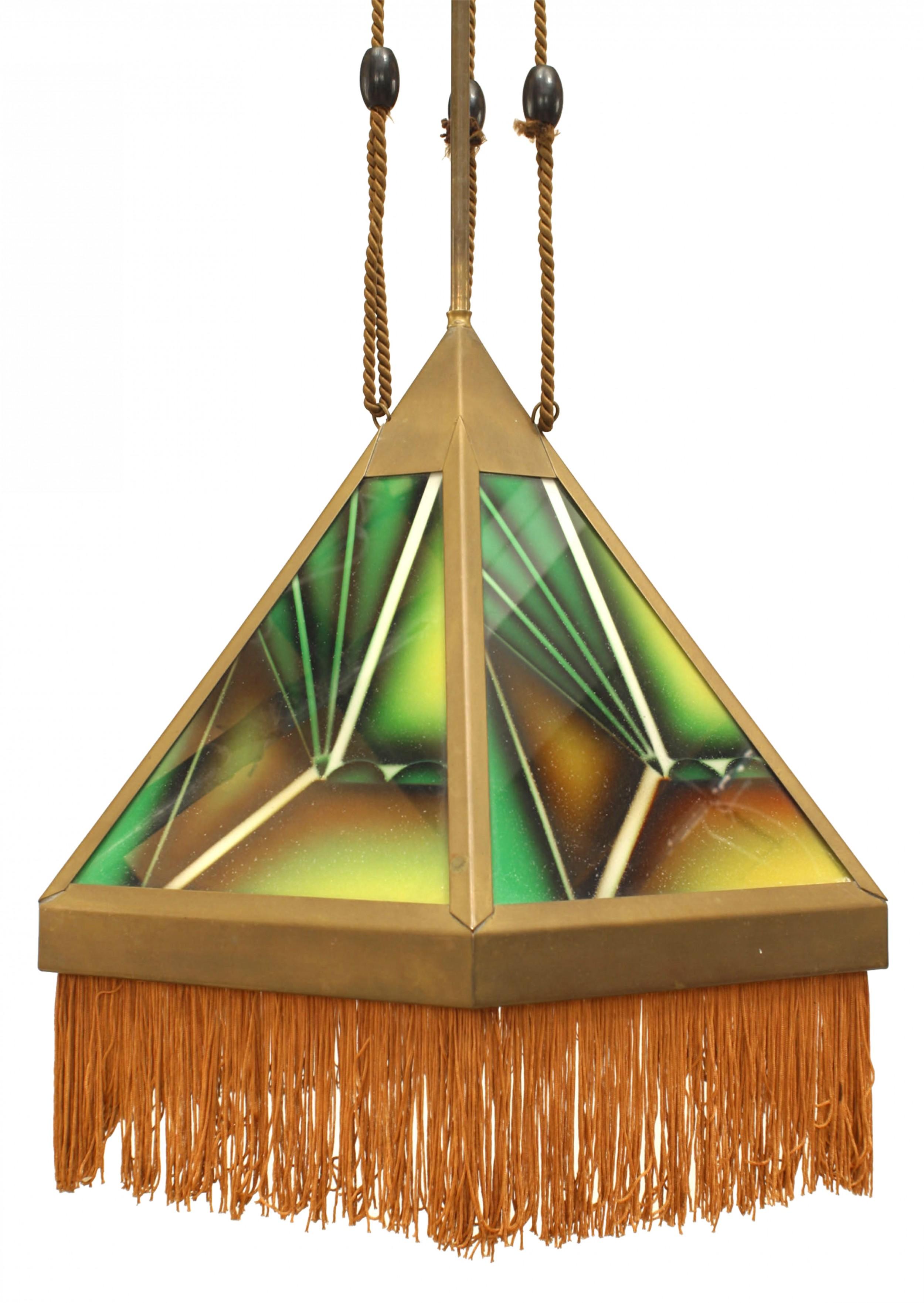 PAIR of Art Deco Belgium brass 6 sided hanging lanterns with geometric design green glass panels with 3 rope supports and fringe around the bottom. (2 different heights) (PRICED AS PAIR).