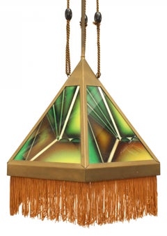 Pair of Art Deco Green Glass Fringed Lanterns