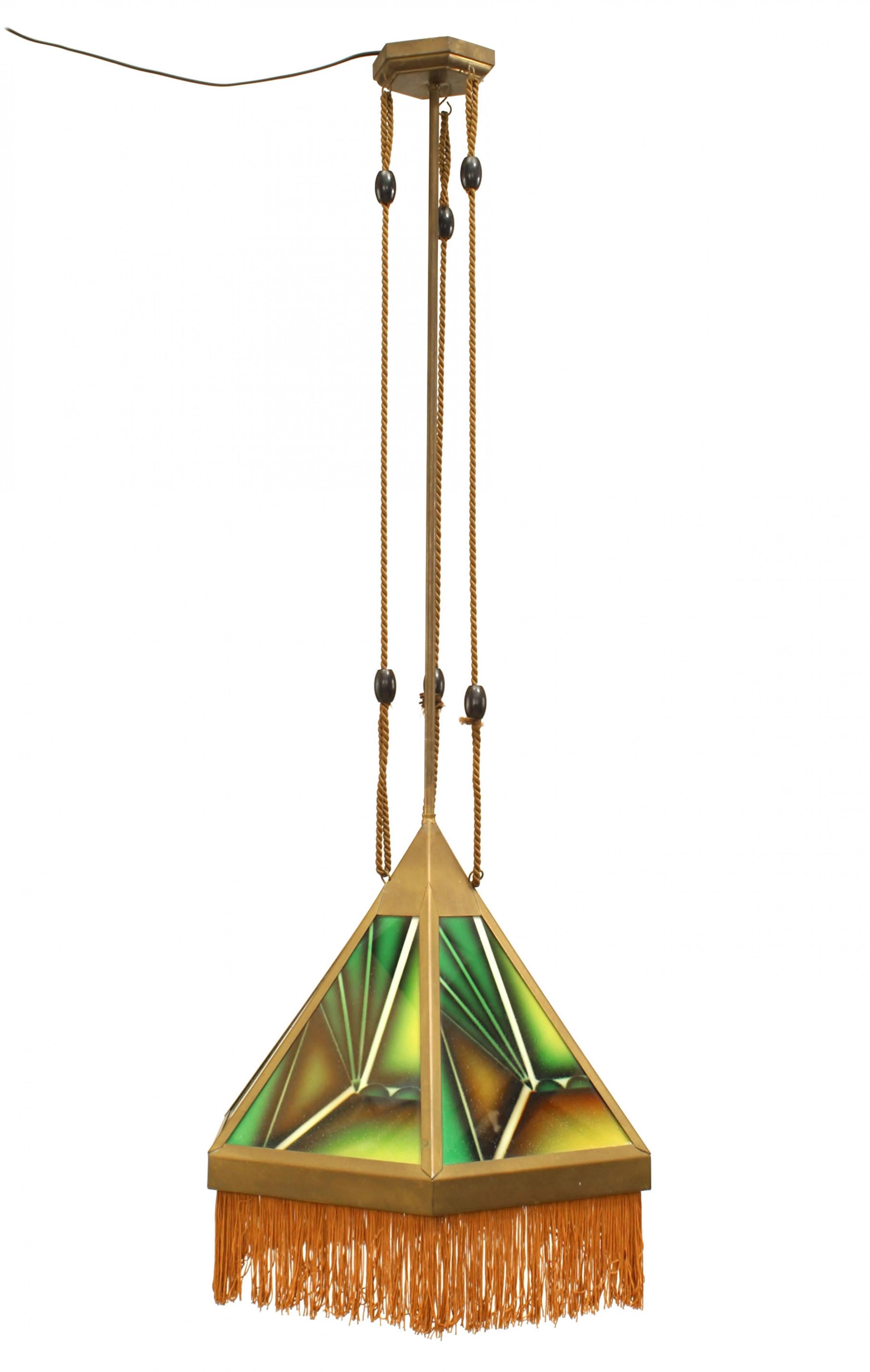 Belgian Pair of Art Deco Green Glass Fringed Lanterns For Sale