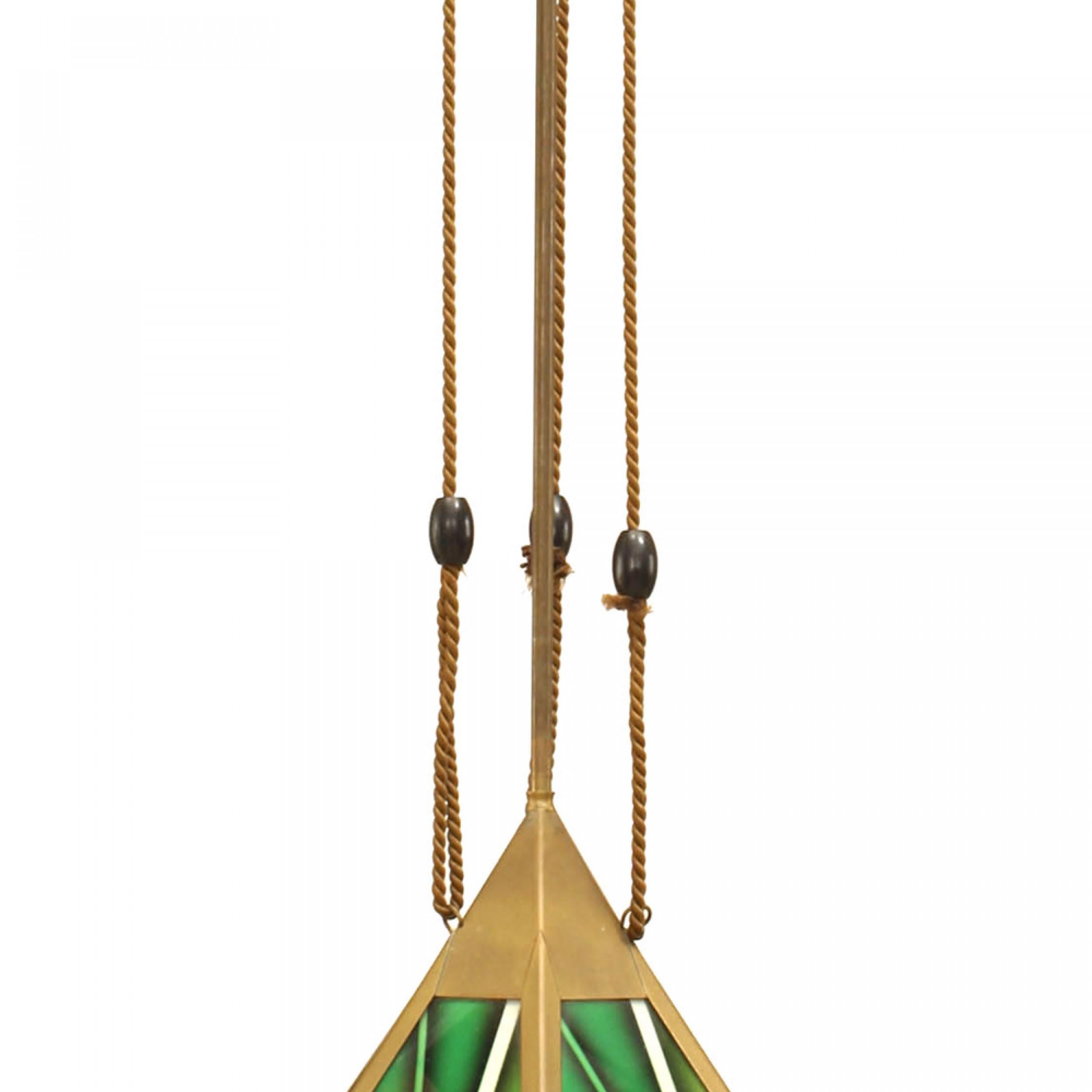 Pair of Art Deco Green Glass Fringed Lanterns In Good Condition For Sale In Queens, NY