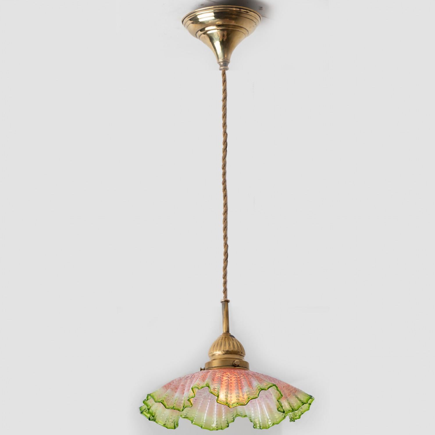 Pair of Art Deco Green Pink Skirt-shaped Glass and Brass Pendant Lights, 1930 For Sale 5