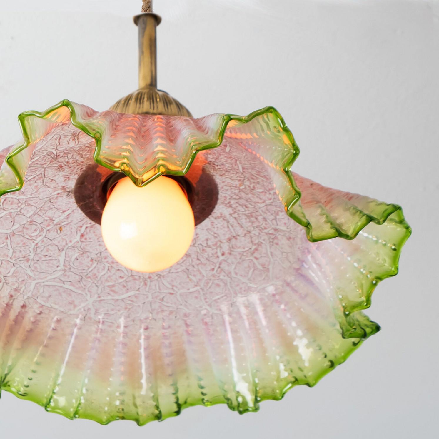 Other Pair of Art Deco Green Pink Skirt-shaped Glass and Brass Pendant Lights, 1930 For Sale