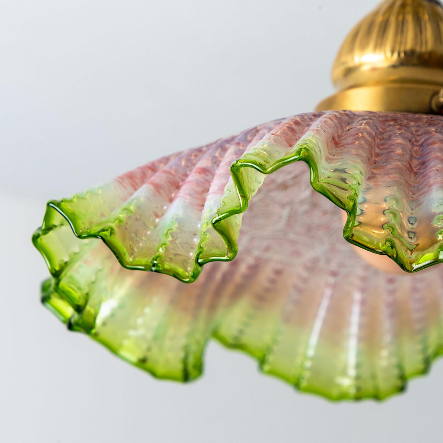 Pair of Art Deco Green Pink Skirt-shaped Glass and Brass Pendant Lights, 1930 For Sale 1