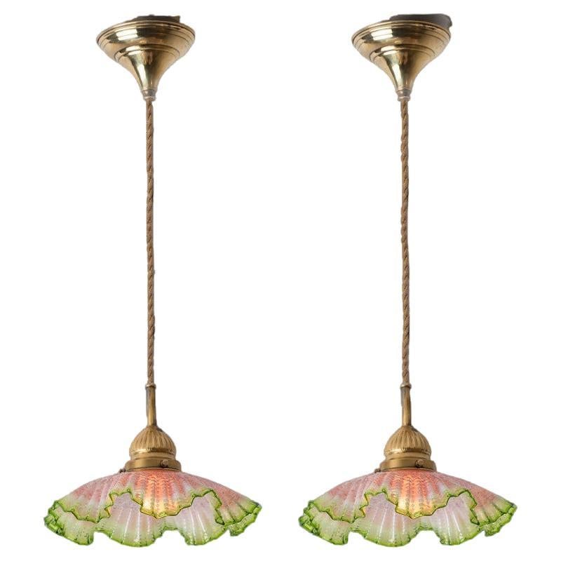 Pair of Art Deco Green Pink Skirt-shaped Glass and Brass Pendant Lights, 1930 For Sale