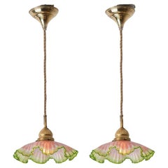 Antique Pair of Art Deco Green Pink Skirt-shaped Glass and Brass Pendant Lights, 1930